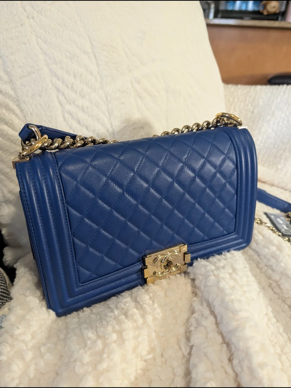CHANEL Blue Quilted boy Shoulder Bag Gold Hardware Chain Strap CC
